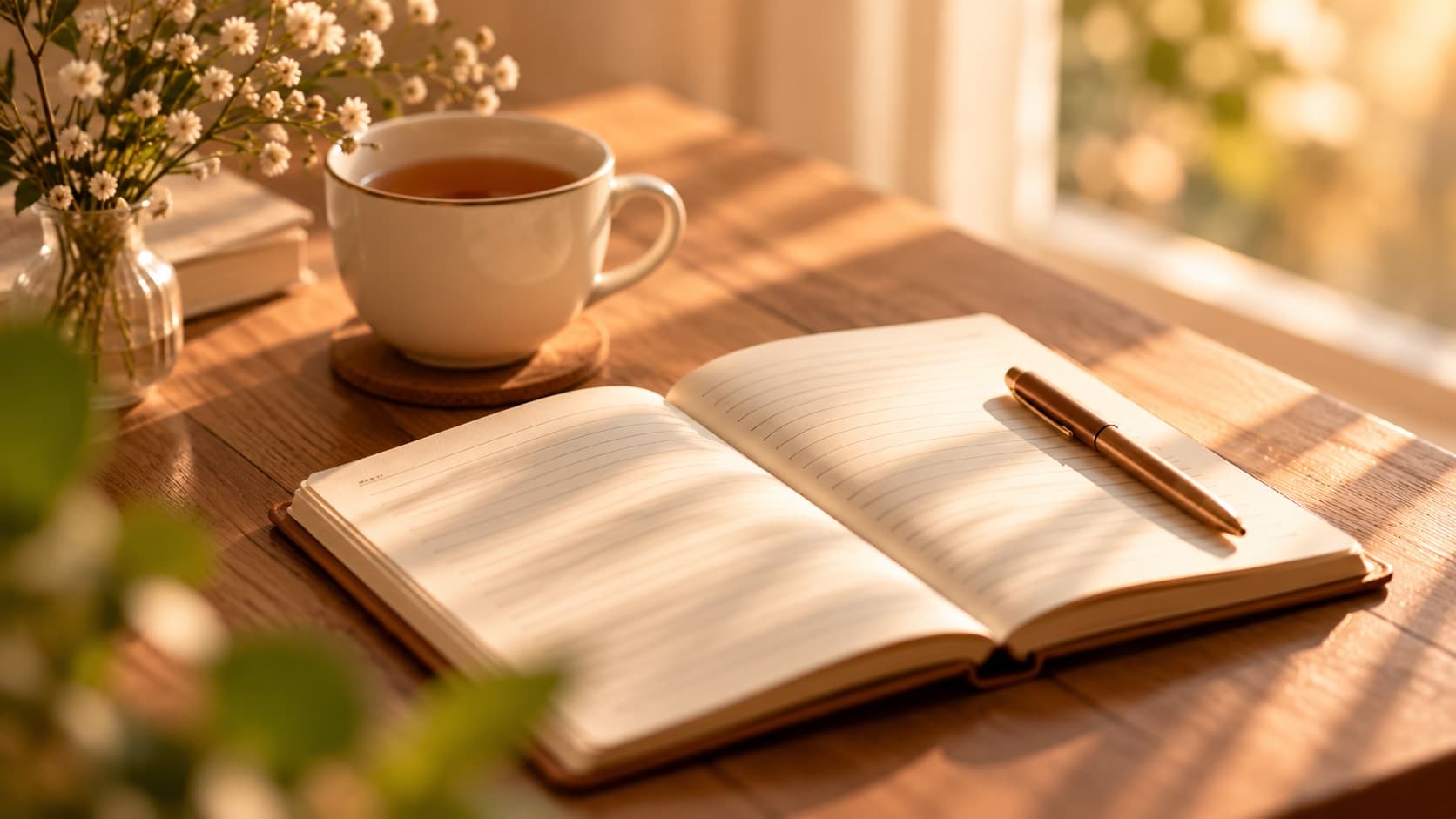 An open notebook with a pen beside a cup of tea on a sunlit wooden table